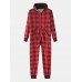 Mens Classical Plaid Print Front Pocket Long Sleeve Zipper Hooded Jumpsuit Home One  Piece Pajamas