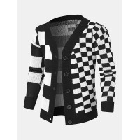 Men Checkerboard Patchwork Color Block Knitted Lattice Casual Cardigans