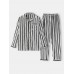 Cotton Mens Vertical Stripes Revere Collar Long Sleeve Home Pajama Set With Pocket